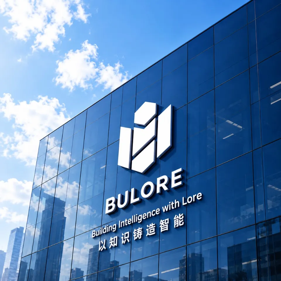 布络办公楼外立面，玻璃幕墙上印有 BULORE 标志与以知识铸造智能